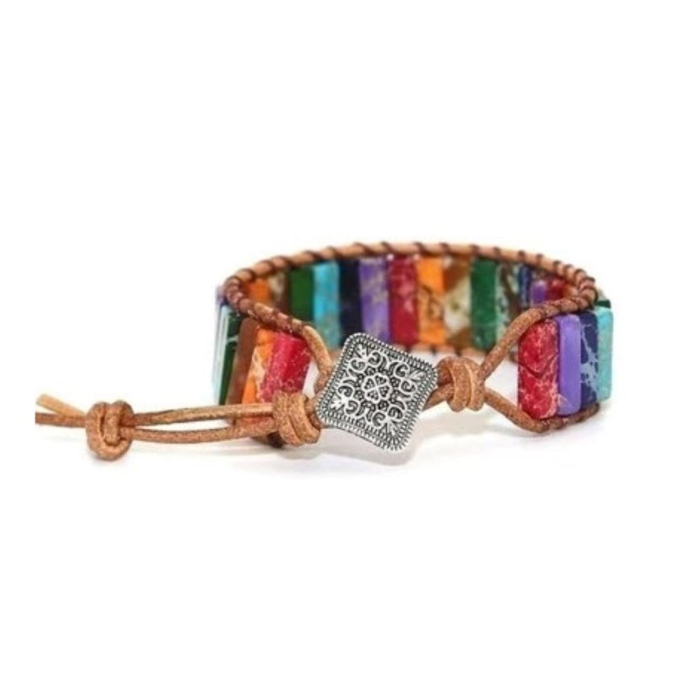 7 Chakra Natural Stone Tube Bead Bracelet - Square Charm